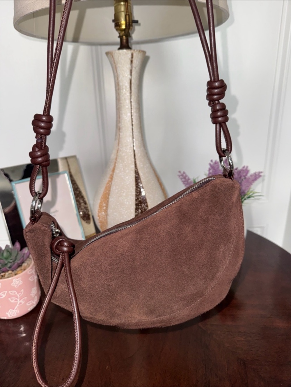 Brown Suede Crescent Shoulder Bag with Knotted Strap